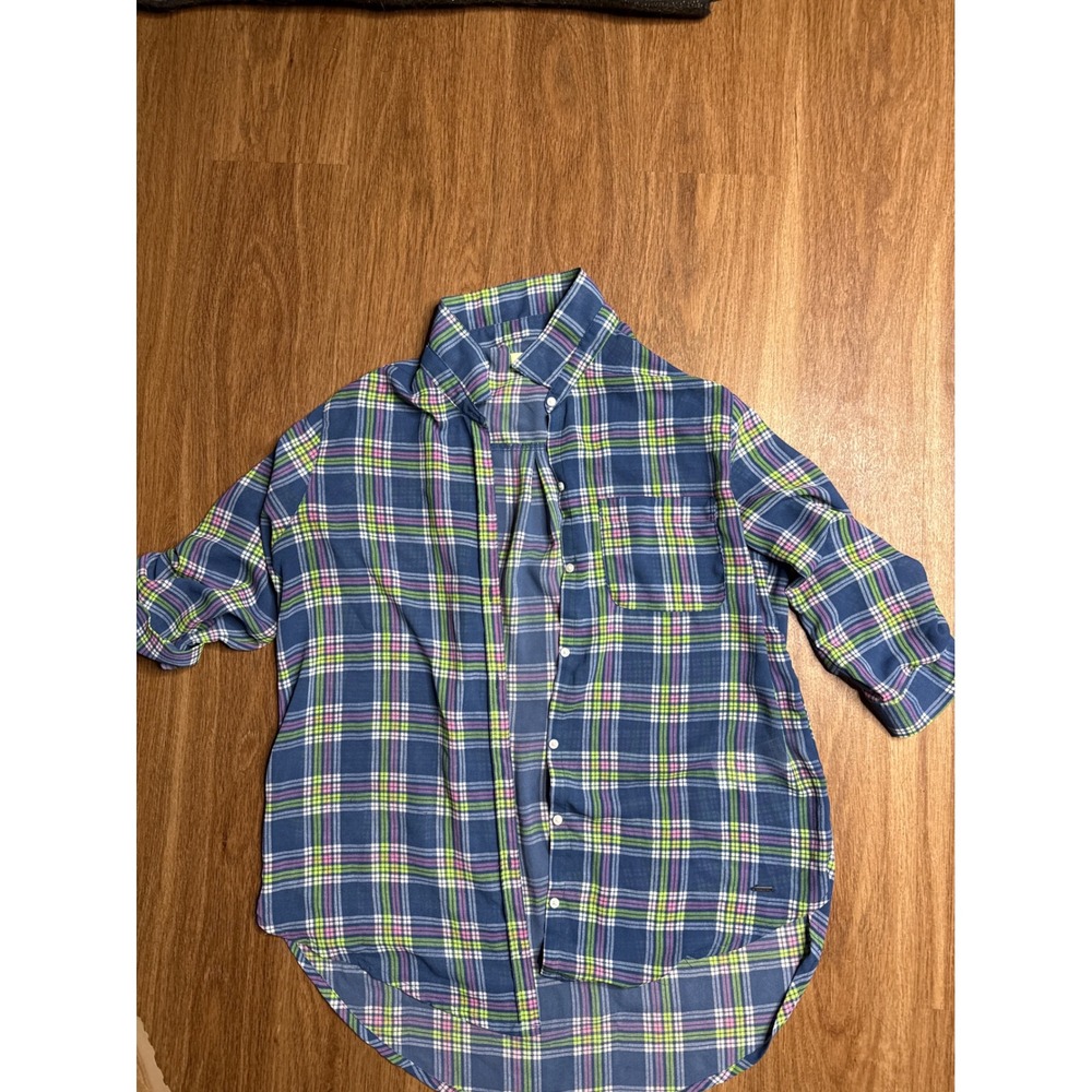Hollister Womens Blue Green Pink Plaid High Low Button Up Shirt L Sheer layer